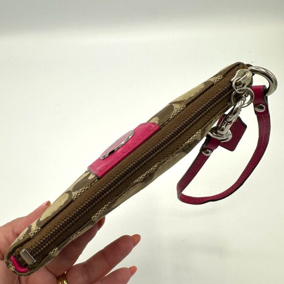 EUC Coach Canvas and Leather Signature Wristlet with Hangtag - Tan/Pink - Picture 8 of 13